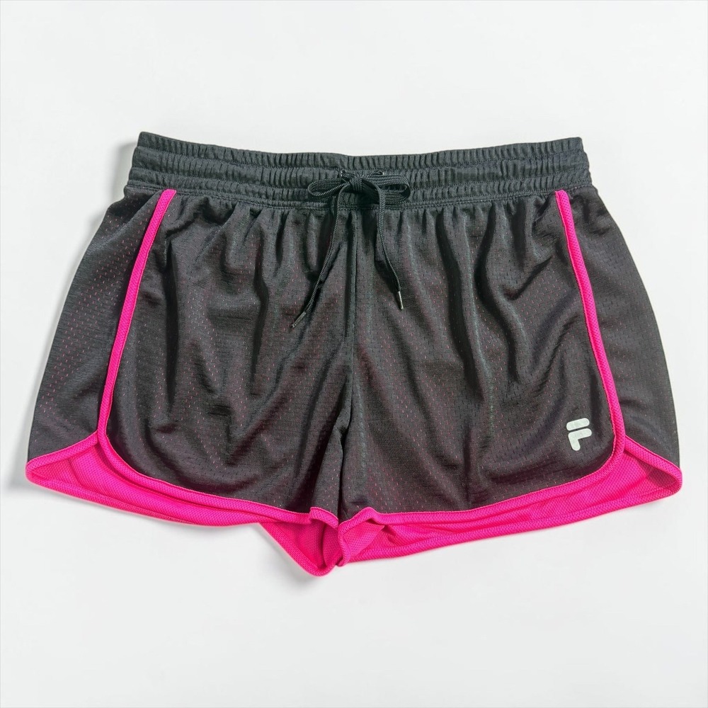 Fila Womens Mesh Athletic Shorts Black Pink Drawstring Running Gym Size Large